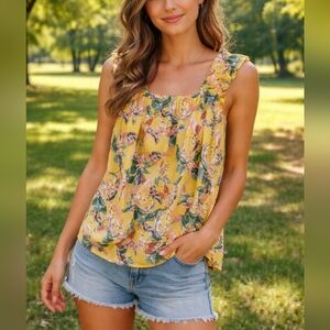 Alex & Lili Yellow Floral Ruffle Strap Tank Top L Smocked Stretch Summer Blouse